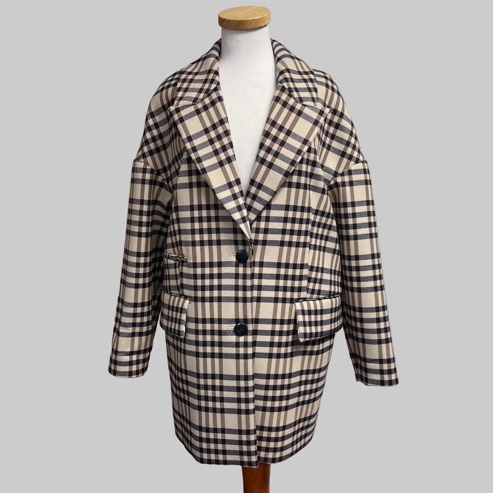 Baum und Pferdgarten beige and eggplant plaid Dilone jacket, size M
